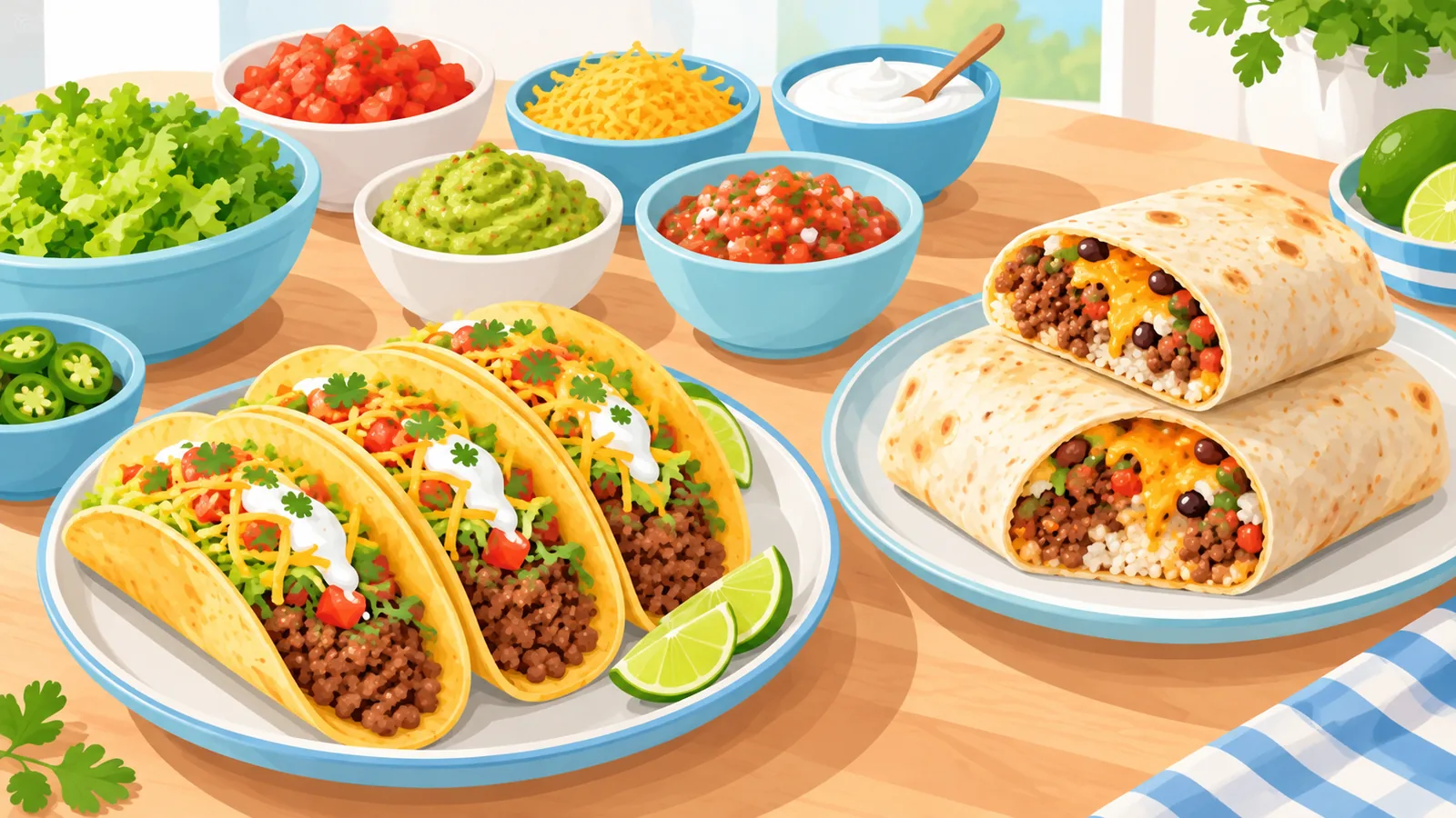 Tacos i burrito z mieloną wołowiną z kolorowymi dodatkami
