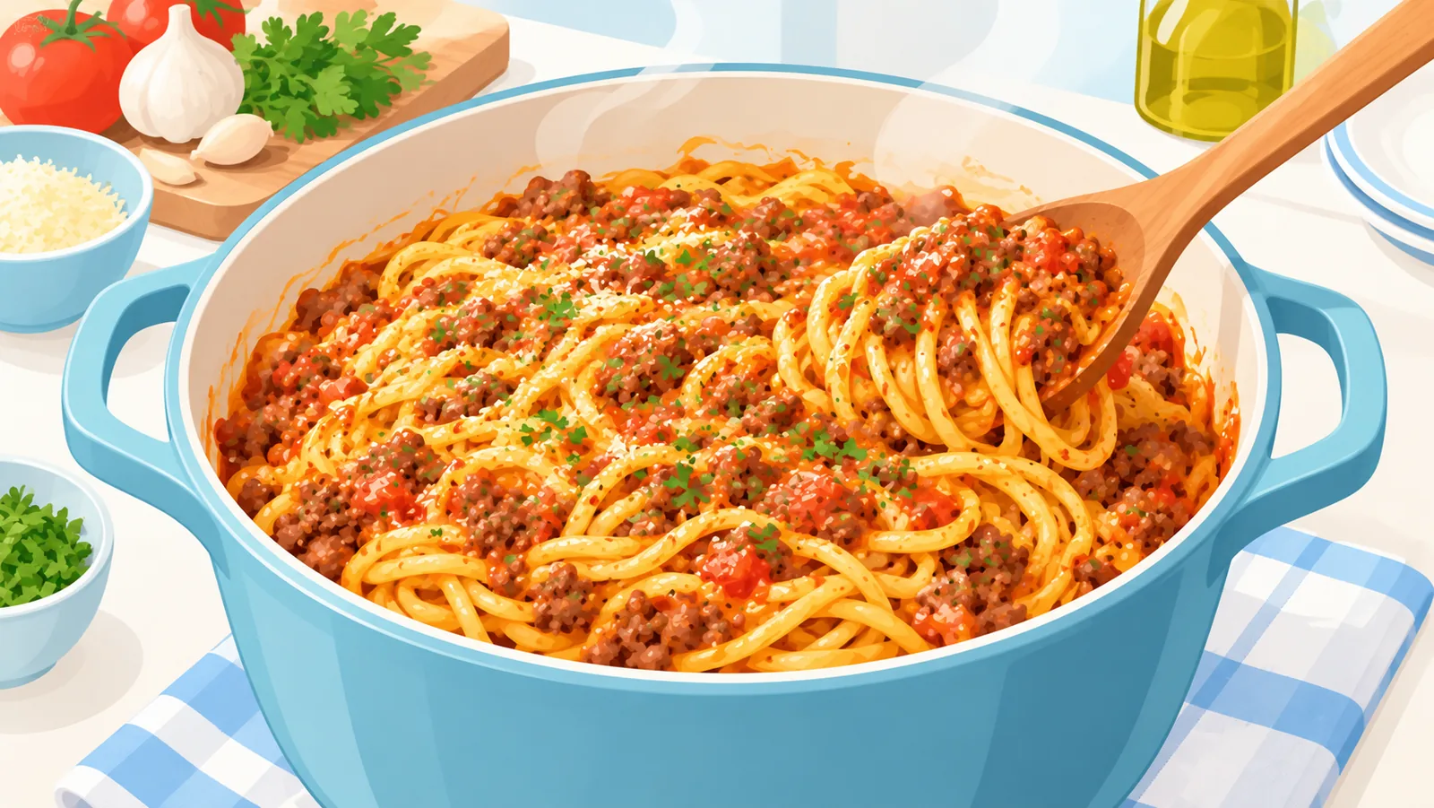 Garnek spaghetti z gęstym sosem mięsnym