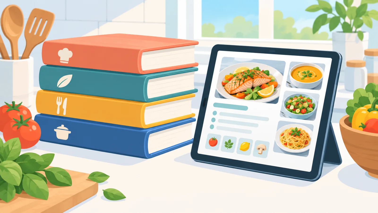 Książki kucharskie i tablet z przepisami na kuchennym blacie
