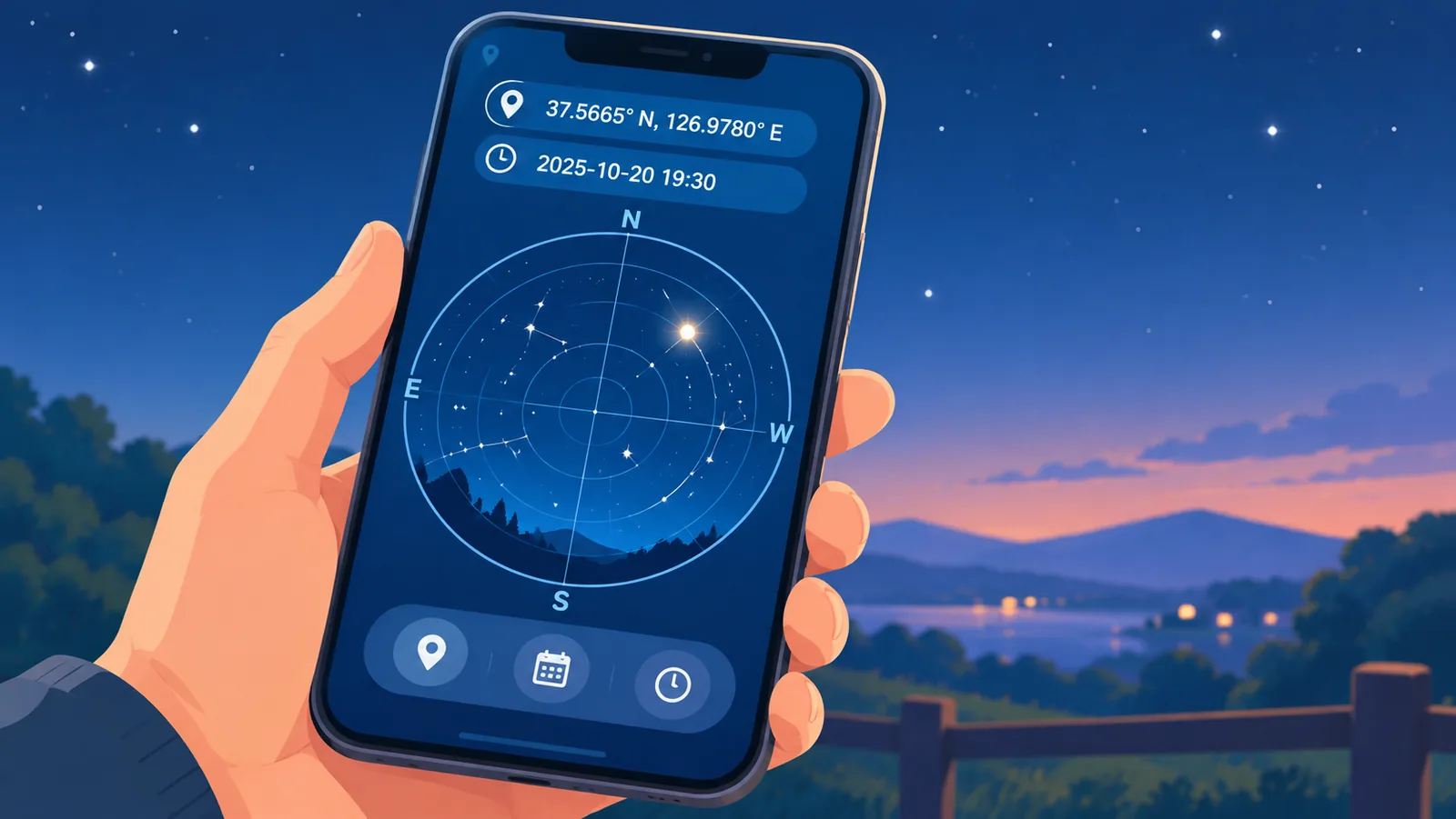 Telefon z mapą nieba i siatką azymutalną w dłoni