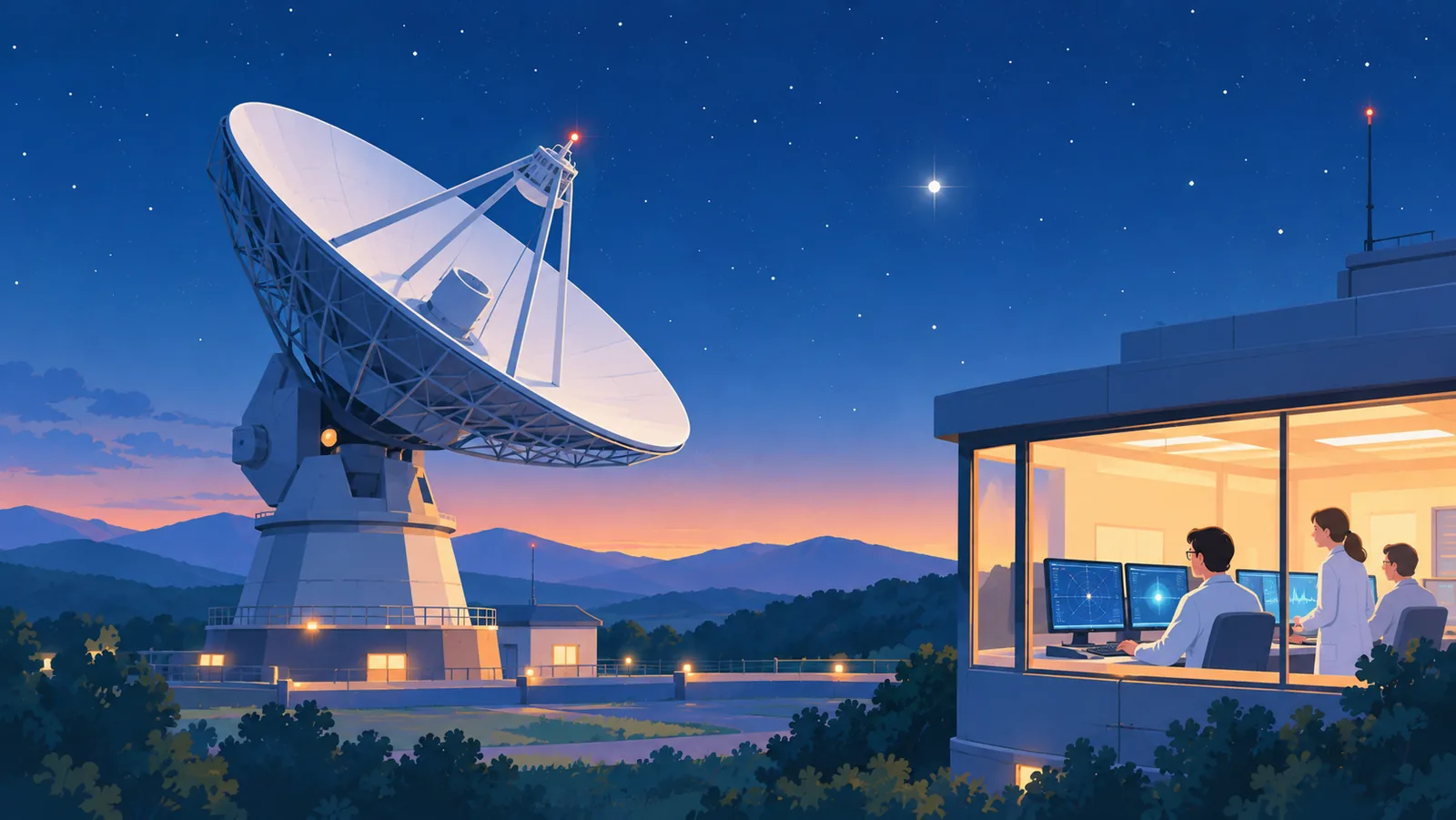 Radioteleskop nocą i naukowcy w sali kontrolnej