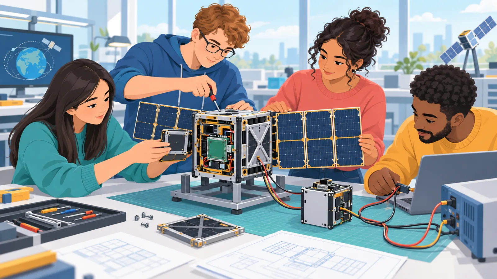 Studenci pracujący nad prototypem satelity w laboratorium