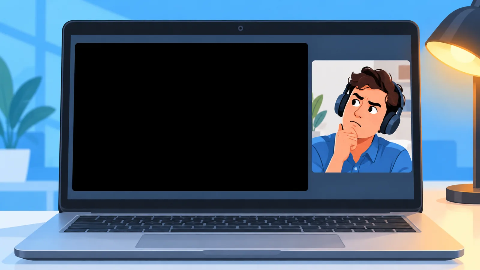 Laptop z czarnym oknem udostępniania ekranu i zdziwioną osobą w słuchawkach