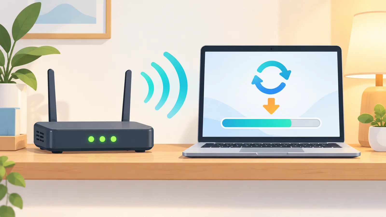 Router ze stabilnym łączem obok laptopa instalującego aktualizację