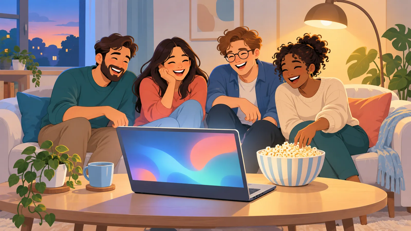 Znajomi oglądający razem film na laptopie podczas wieczoru filmowego