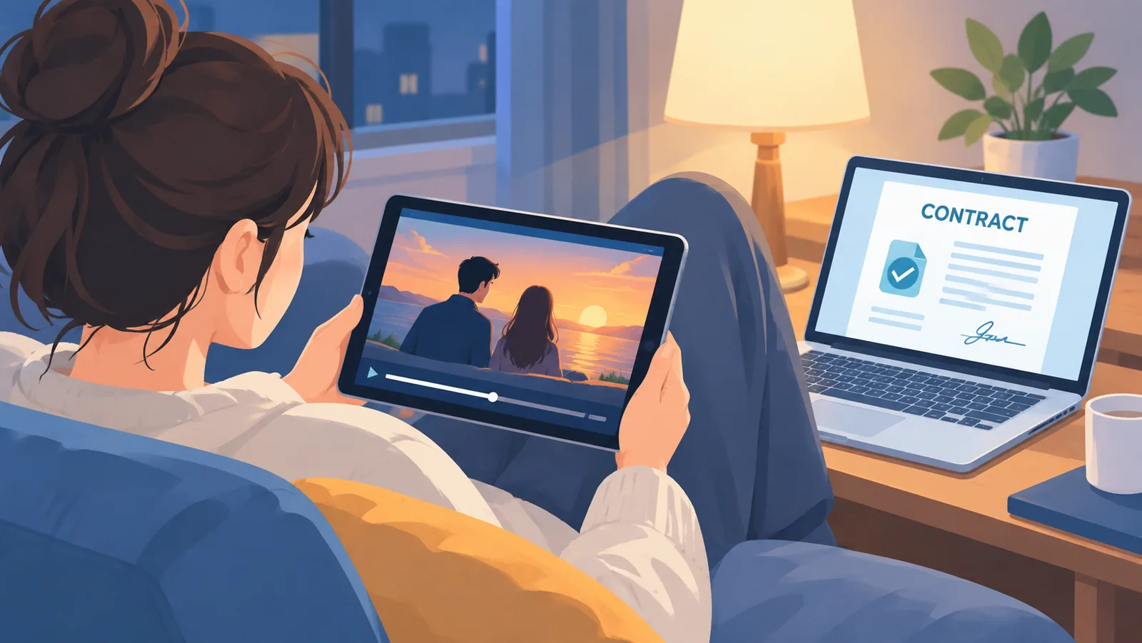 Widz ogląda film na tablecie, obok laptop z umową