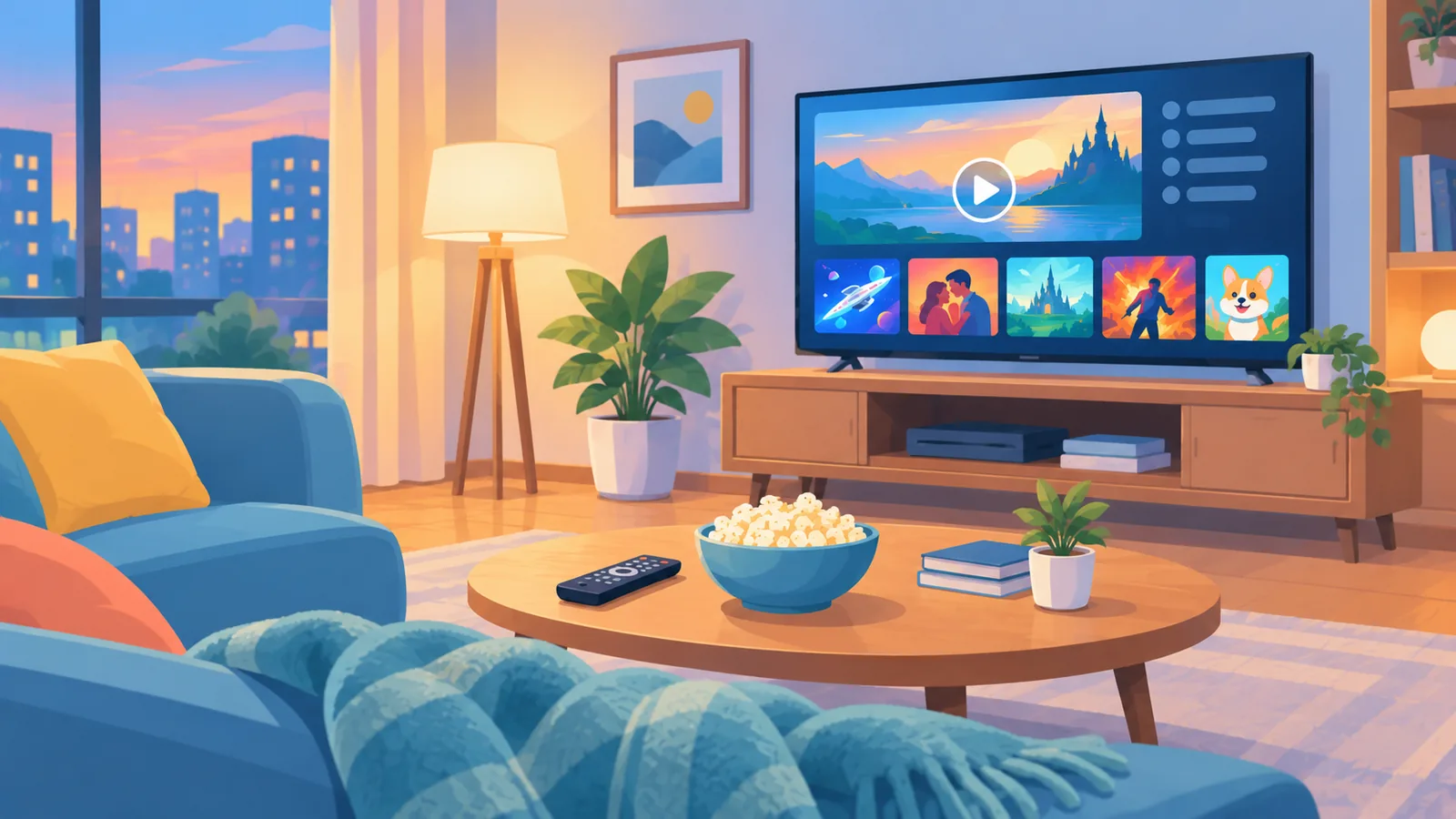 Pilot, koc i popcorn na stoliku przed telewizorem