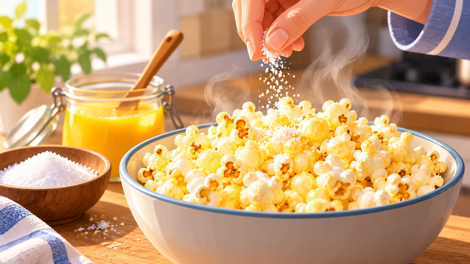 Posypywanie gorącego popcornu drobną solą
