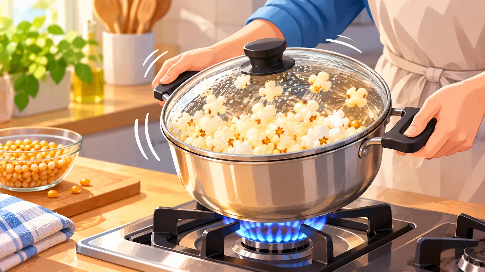 Garnek z pokrywką na kuchence, w którym pękają ziarna popcornu