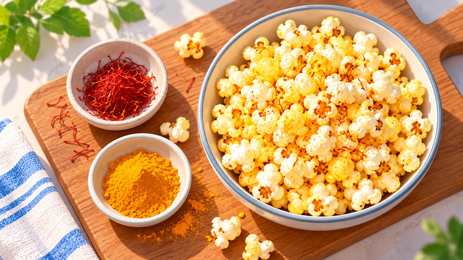 Szafran i kurkuma obok miski lekko złocistego popcornu