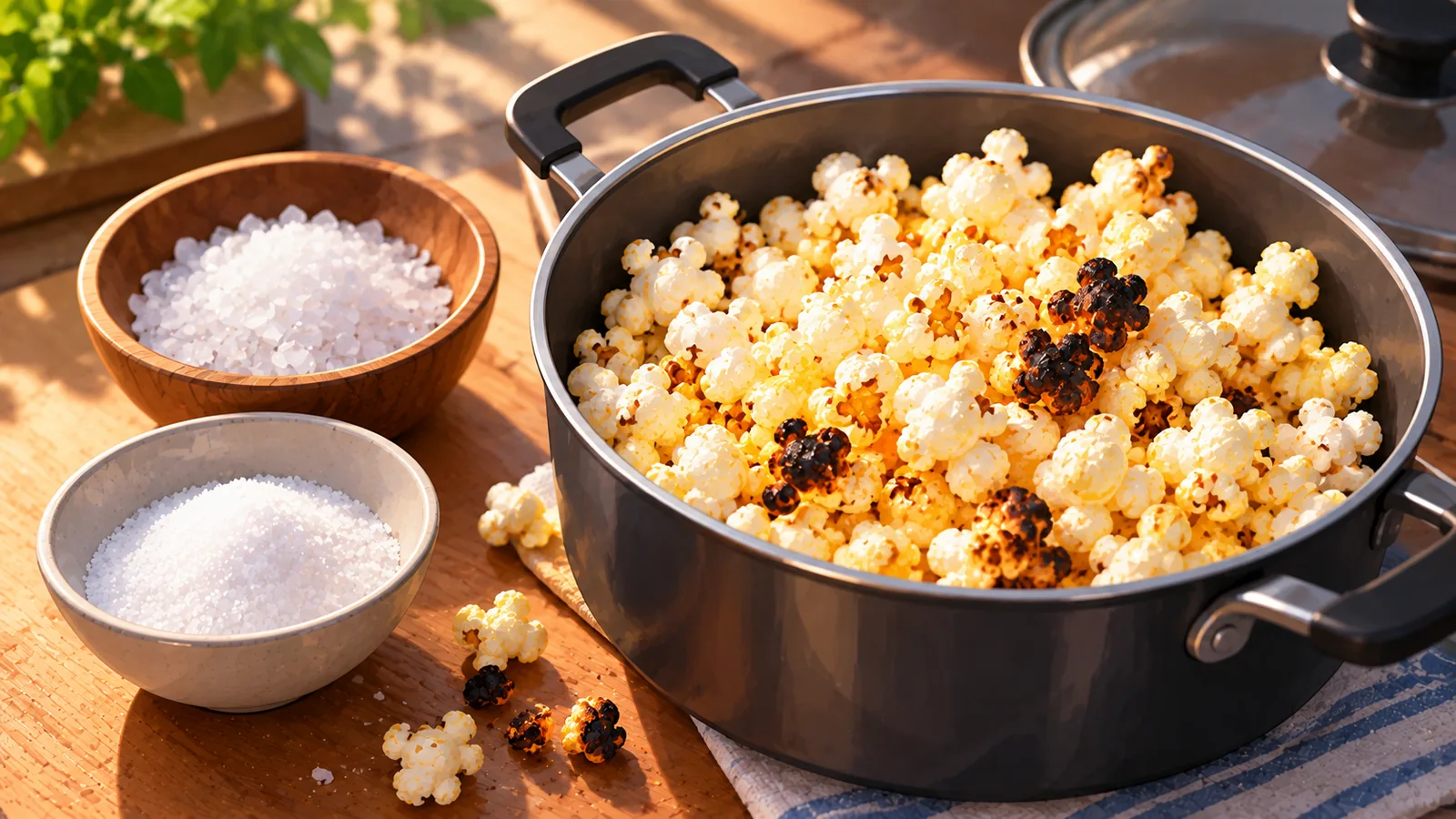 Garnek popcornu z przypalonymi ziarnami obok gruboziarnistej i drobnej soli