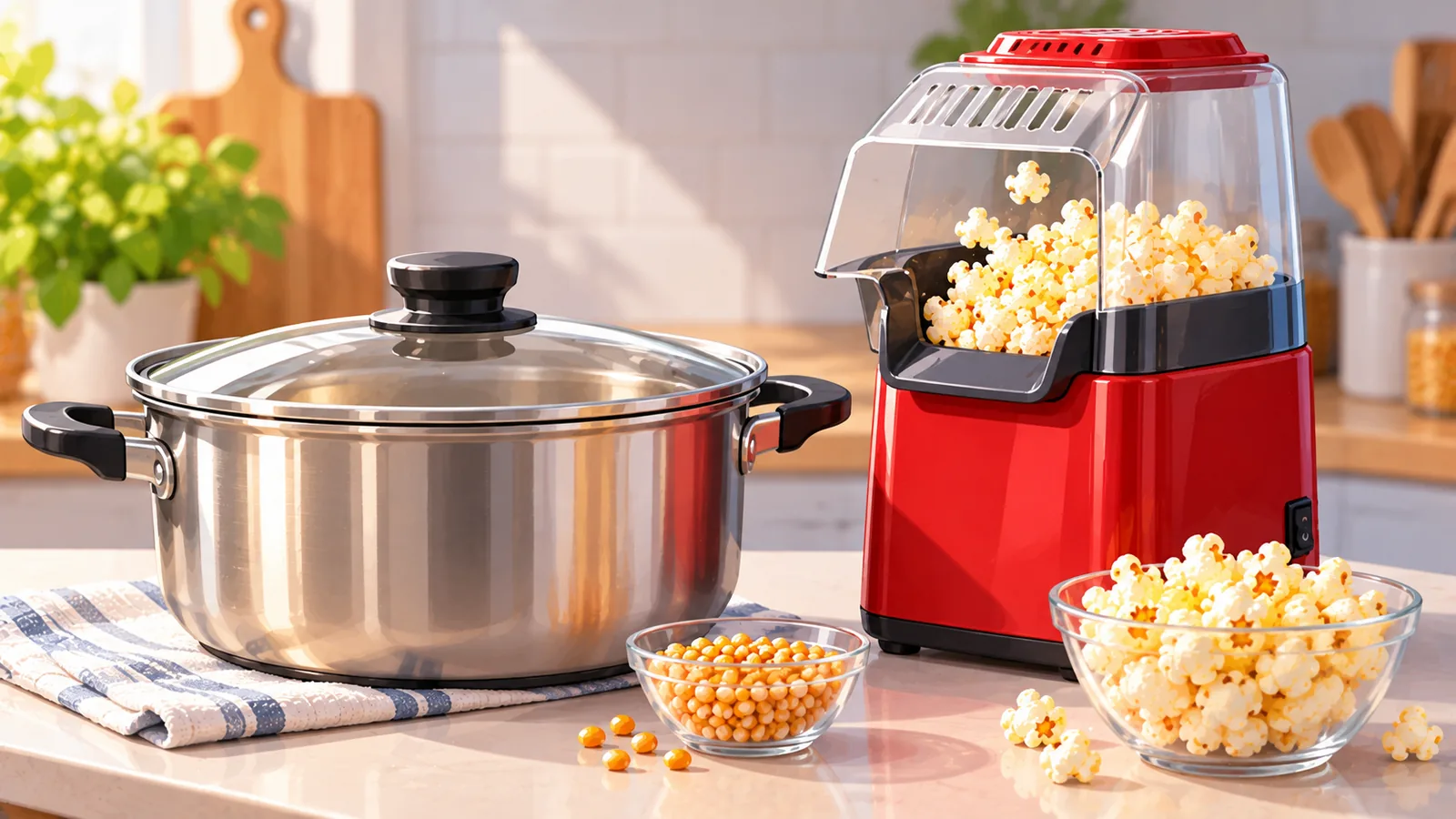 Szeroki garnek z pokrywką obok małej maszyny do popcornu