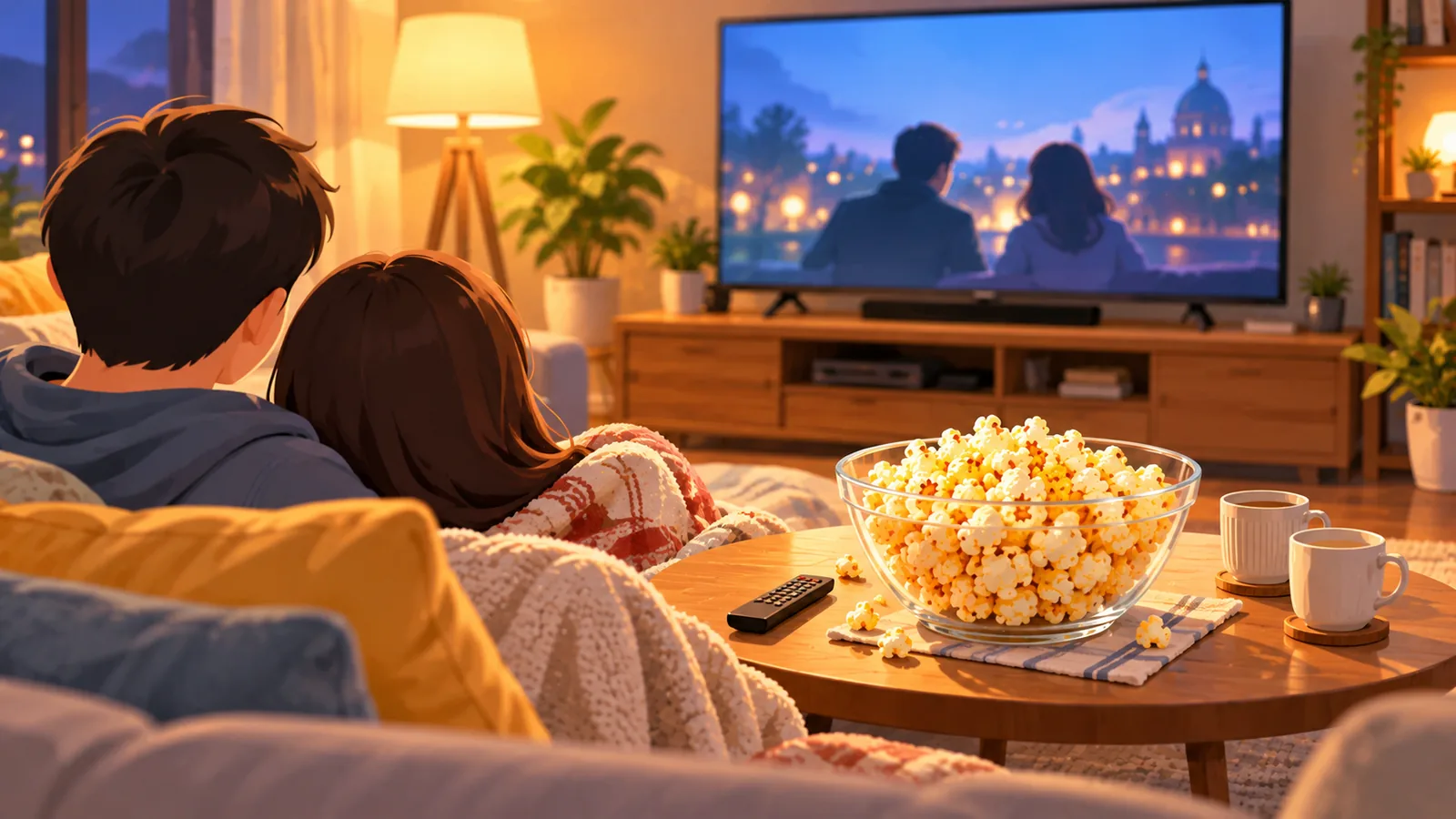 Miska popcornu na stoliku przed telewizorem podczas domowego seansu