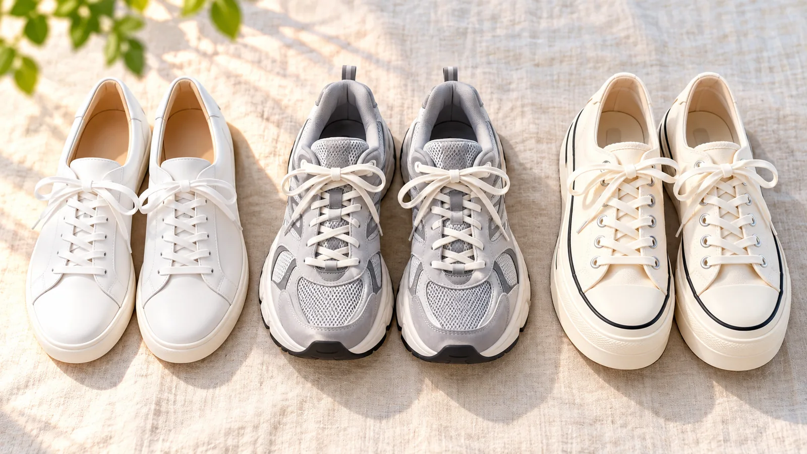 Trzy pary sneakersów damskich o różnych sylwetkach ułożone obok siebie
