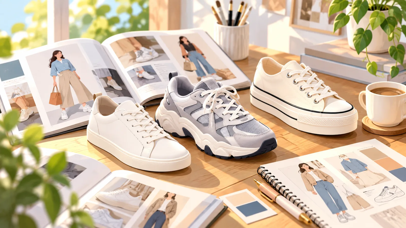 Biurko redakcji mody z kilkoma parami sneakersów