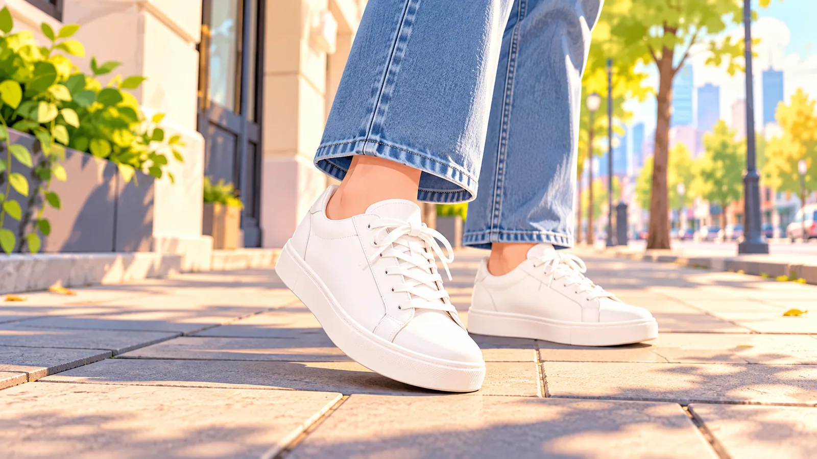 Białe skórzane sneakersy w stylizacji z dżinsami