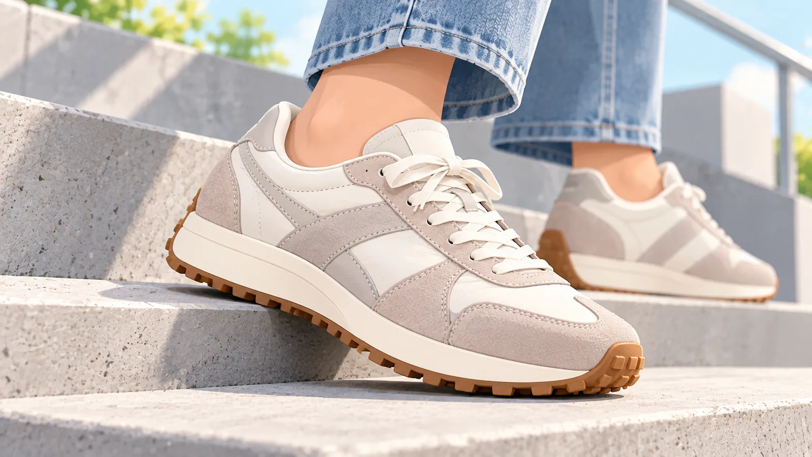 Niski sneaker retro z gumową podeszwą widziany z boku