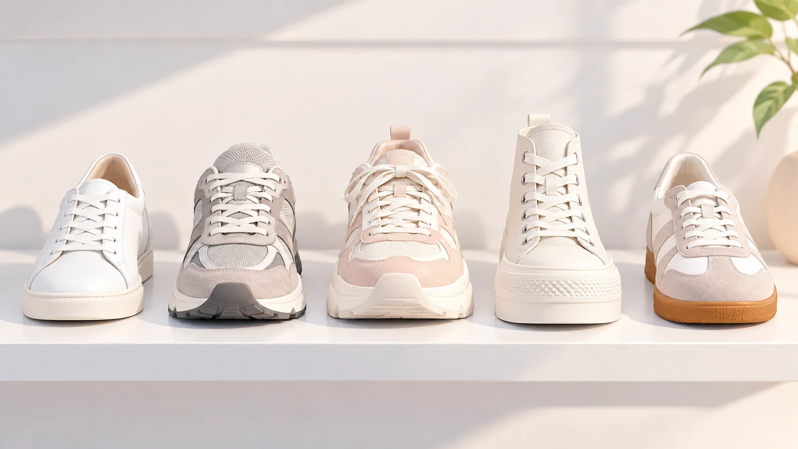 Pięć par sneakersów ustawionych w rzędzie do porównania