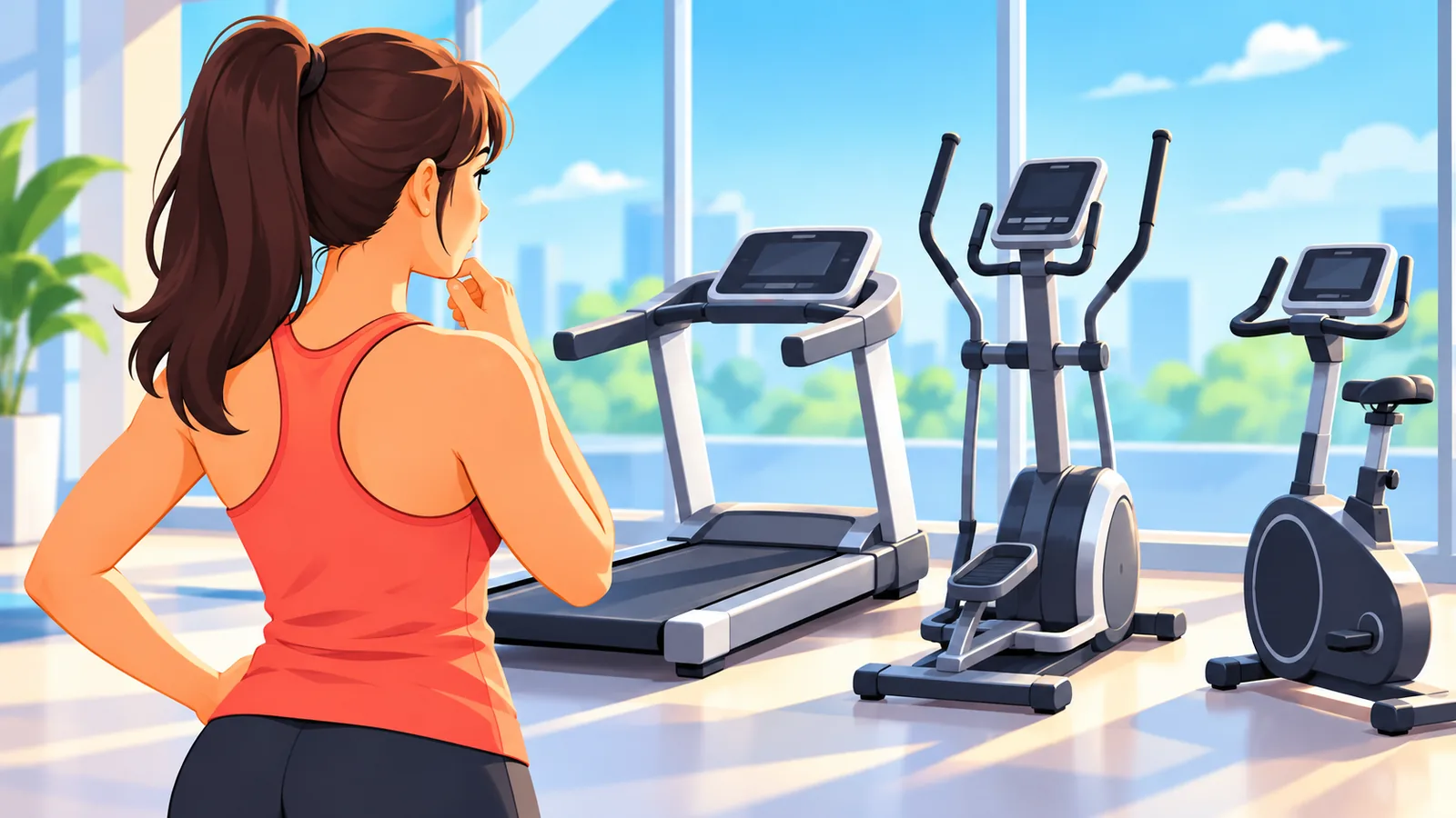 Osoba na siłowni wybierająca maszynę cardio spośród kilku dostępnych