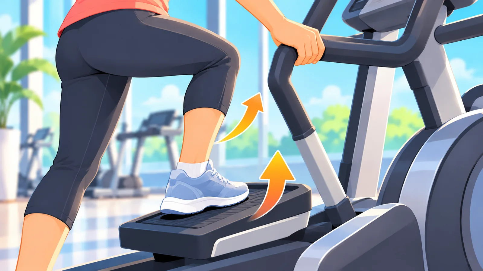 Osoba wchodząca na maszynę cardio, ilustracja łatwości wejścia i zejścia