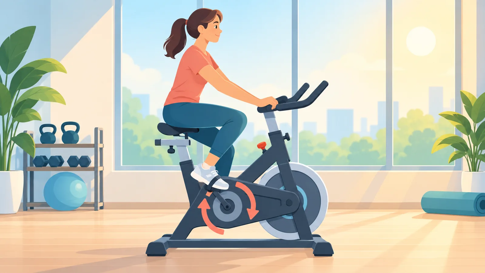 Osoba jadąca spokojnie na rowerze stacjonarnym w studiu fitness