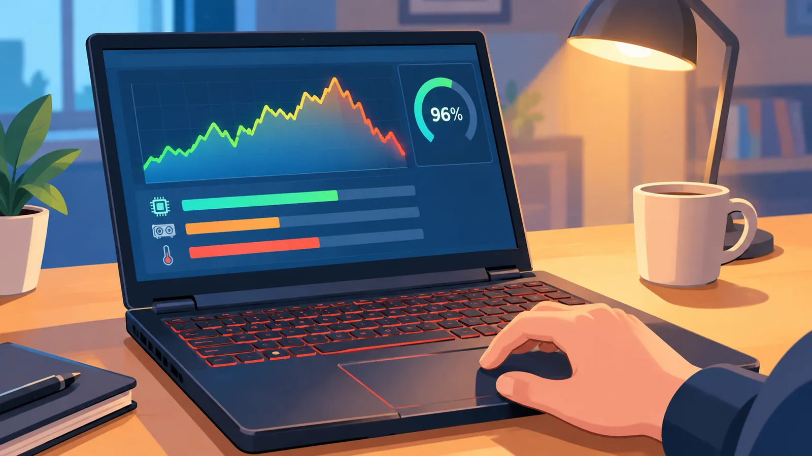 Laptop gamingowy z otwartym Menedżerem zadań podczas diagnozy