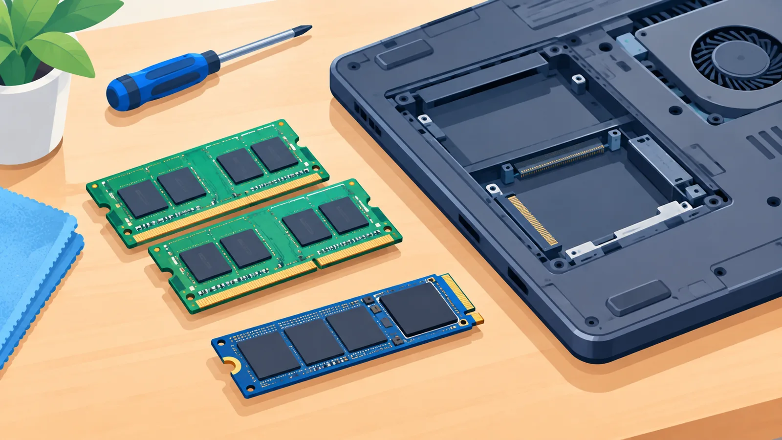 Moduły pamięci RAM i dysk SSD obok laptopa