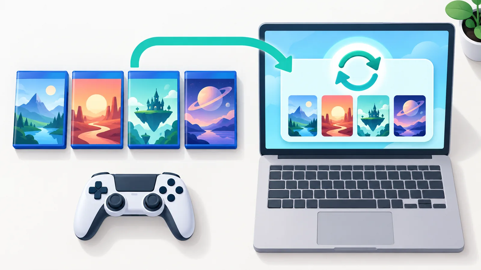 Pudełka z grami, pad i laptop z panelem subskrypcji