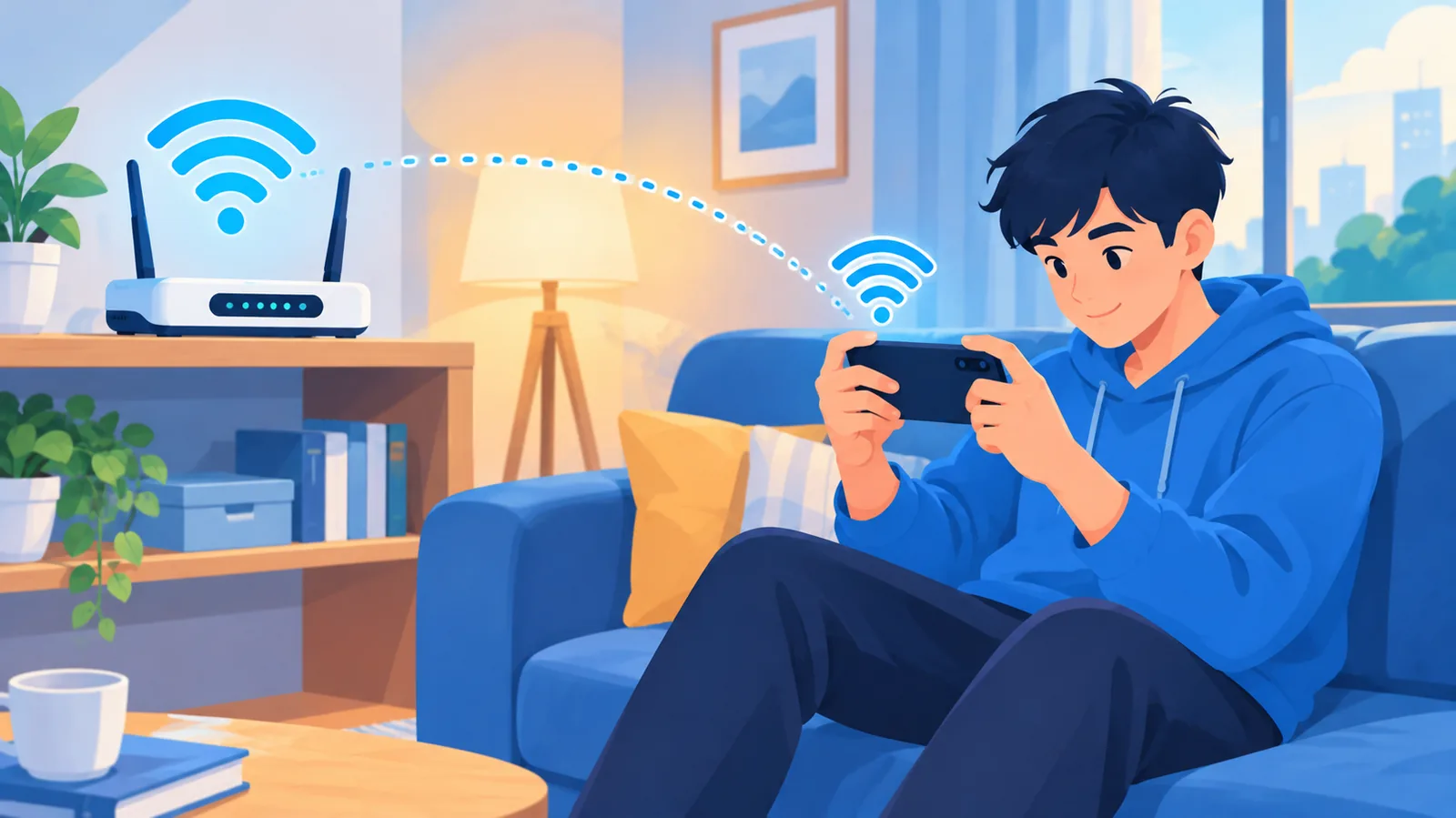 Router Wi‑Fi i gracz z telefonem w domu