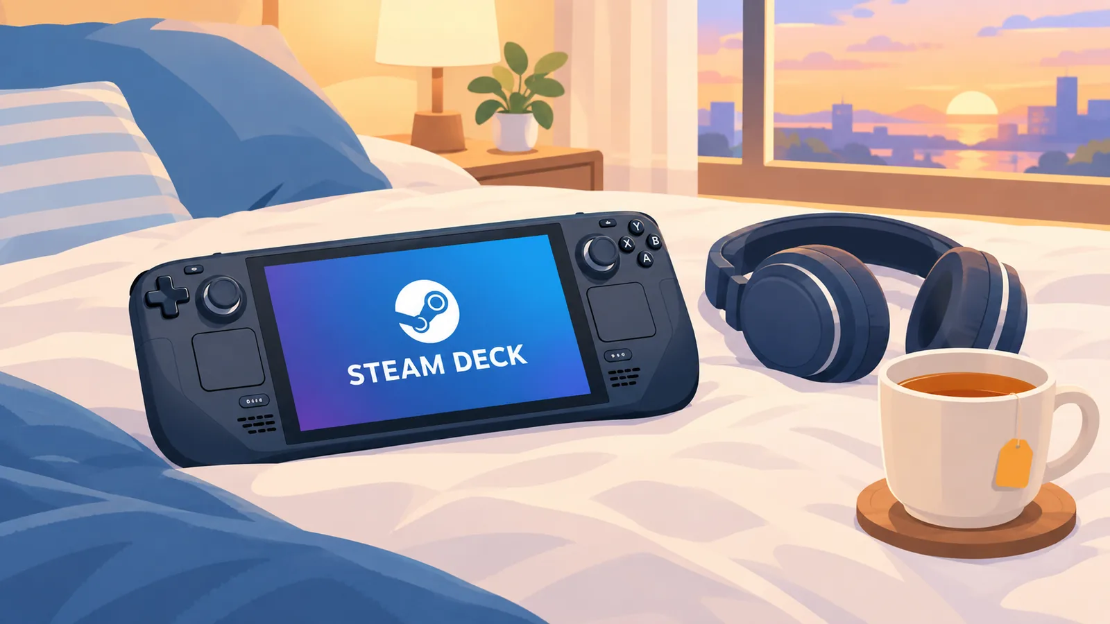 Steam Deck z słuchawkami i herbatą w spokojnym wnętrzu