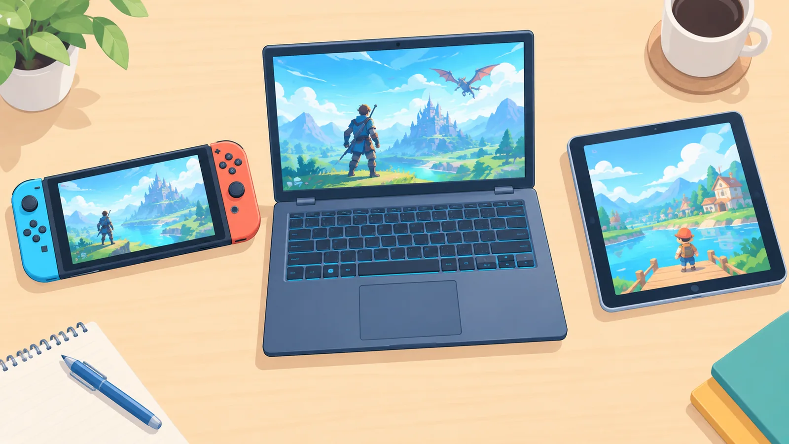 Konsola, laptop i tablet ułożone obok siebie na stole