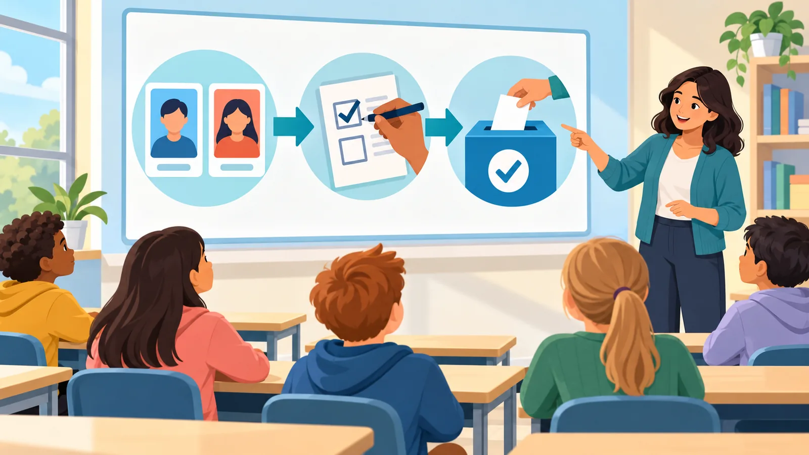 Uczniowie oglądający plakat o edukacji wyborców