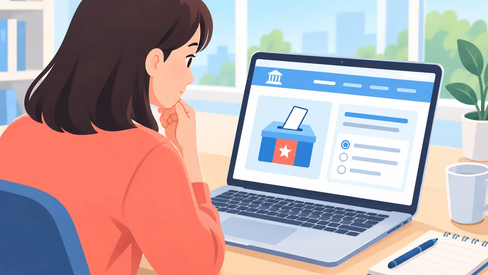 Osoba sprawdzająca portal usług dla wyborców na laptopie