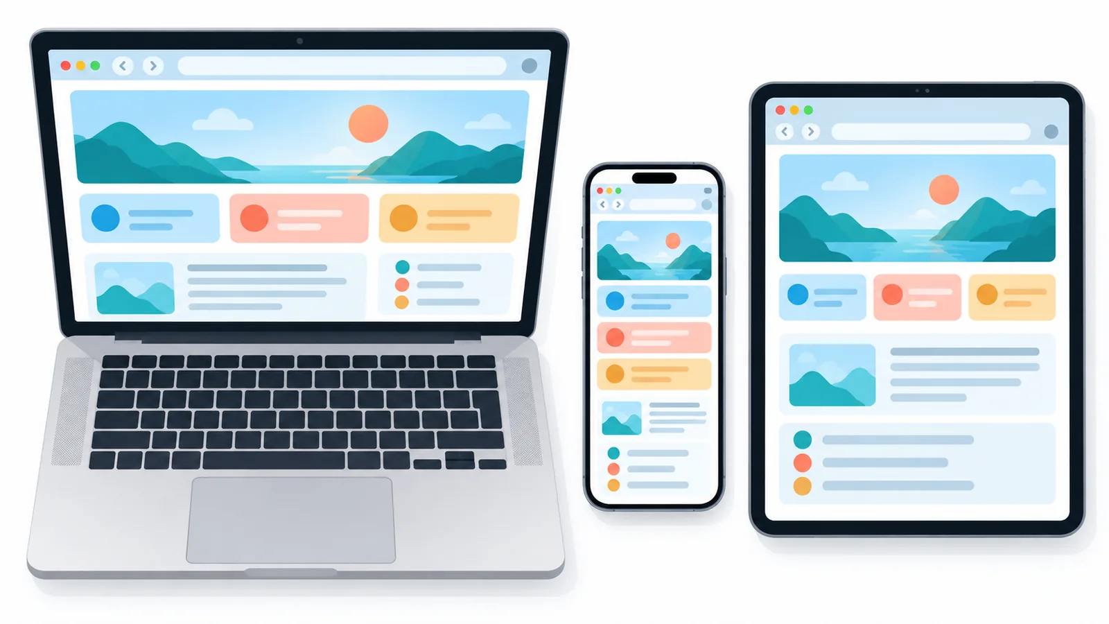Mac, iPhone i iPad obok siebie z otwartą przeglądarką, symbol synchronizacji iCloud