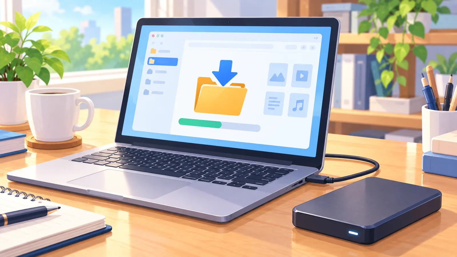 Laptop z pobranym folderem i dyskiem zewnętrznym