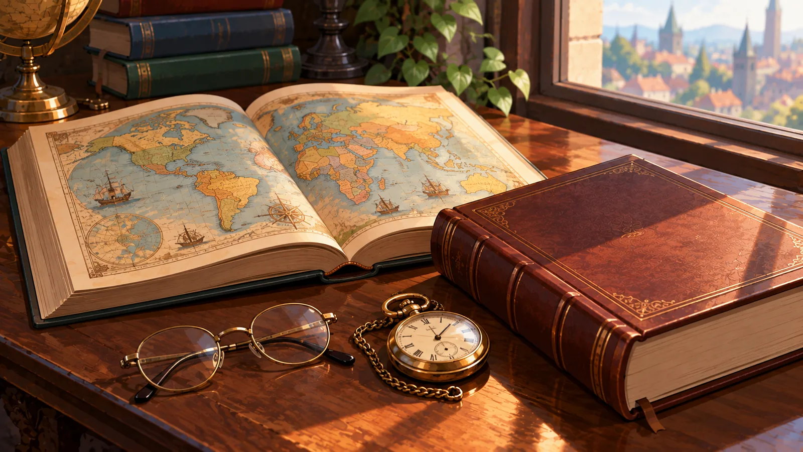 Stary atlas i gruba książka historyczna z zegarkiem kieszonkowym