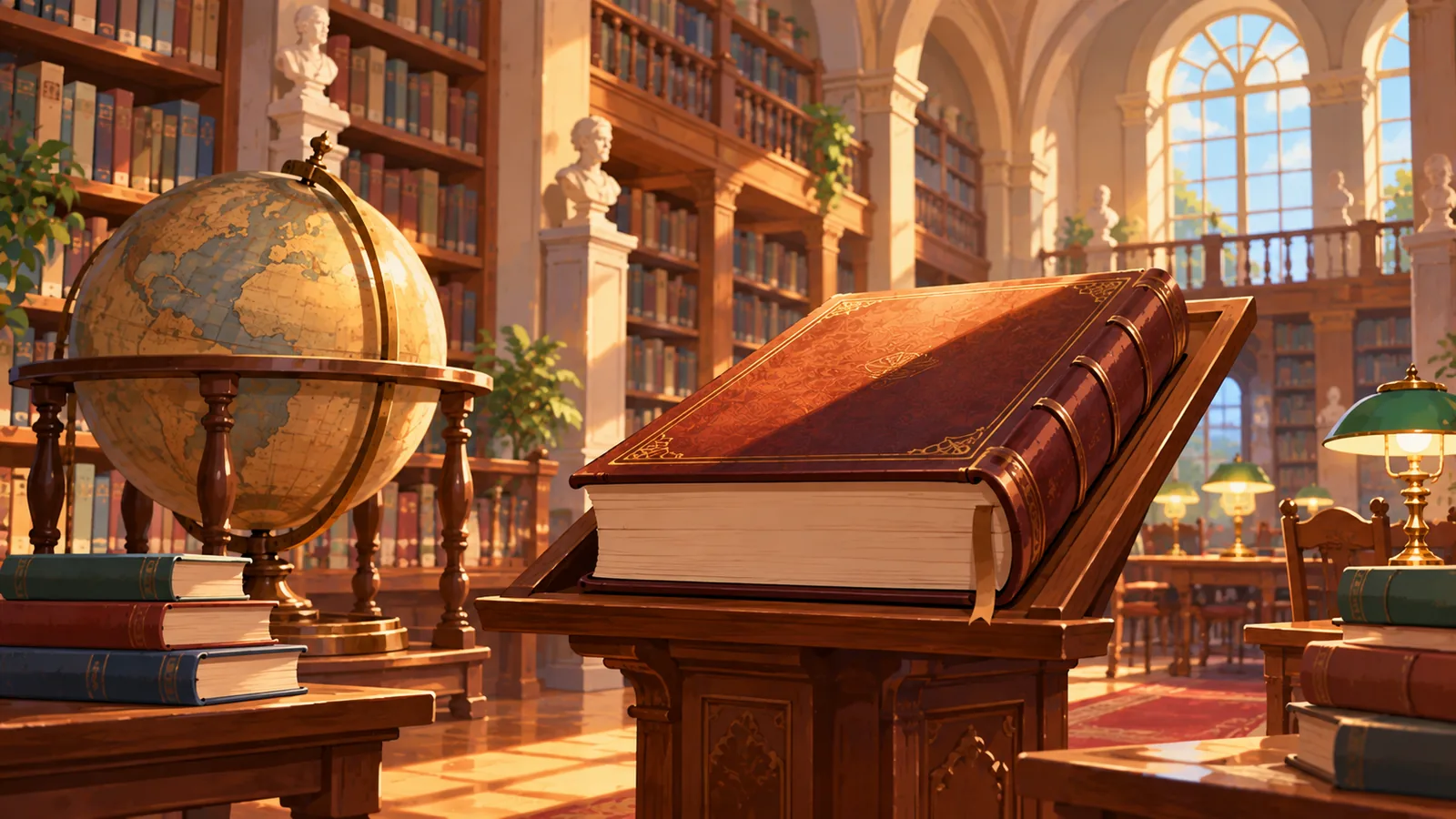 Gruby tom na pulpicie w cichej bibliotece z globusem w tle