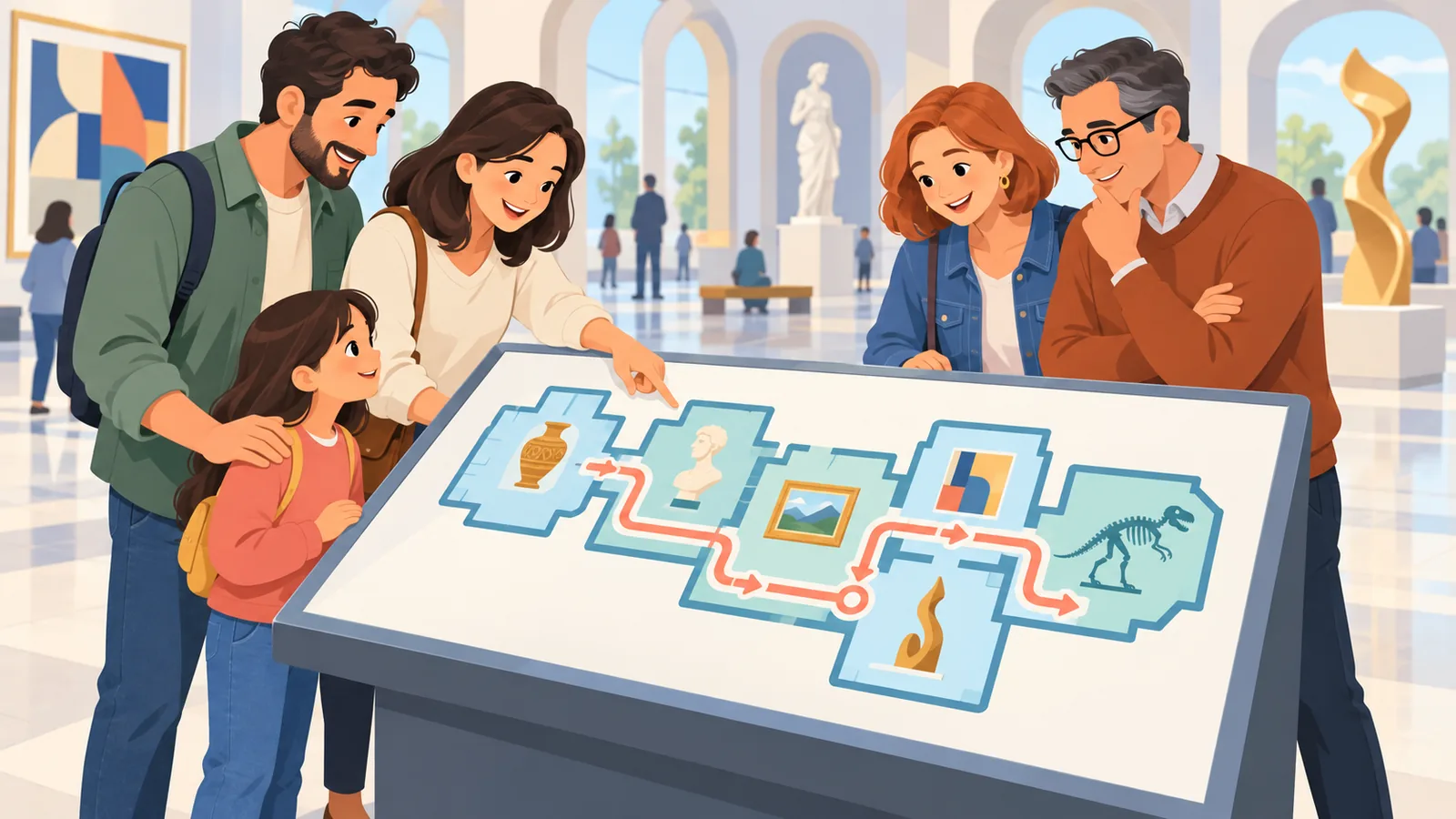 Zwiedzający przeglądają plan muzeum w holu