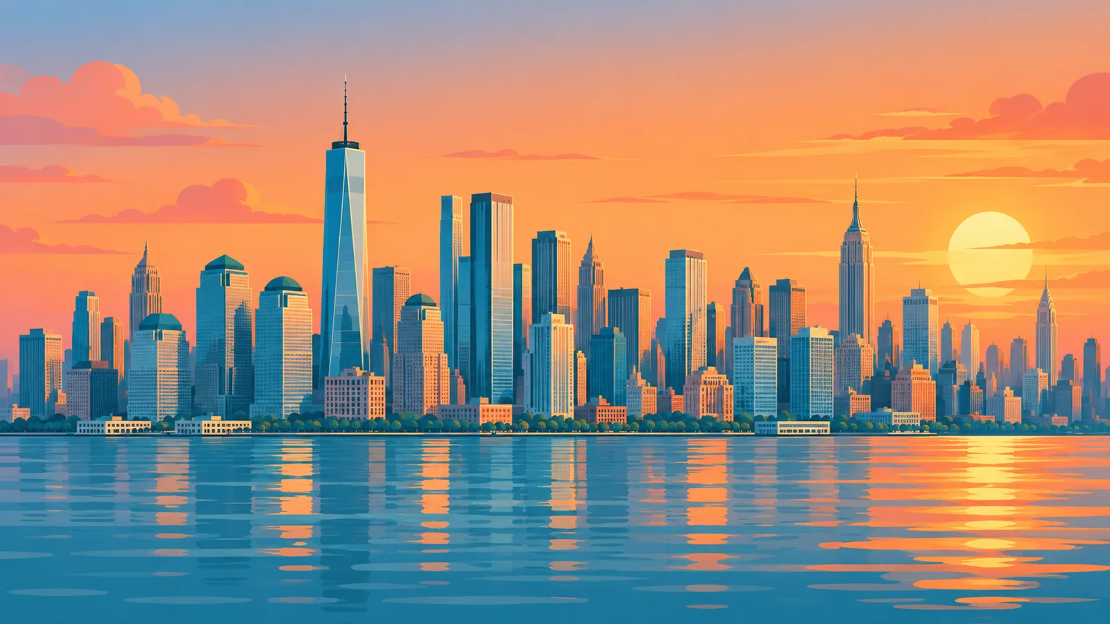Panorama Manhattanu o zachodzie słońca