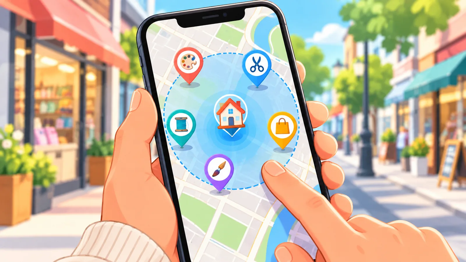Mapa w telefonie z zaznaczonym promieniem wyszukiwania wokół domu