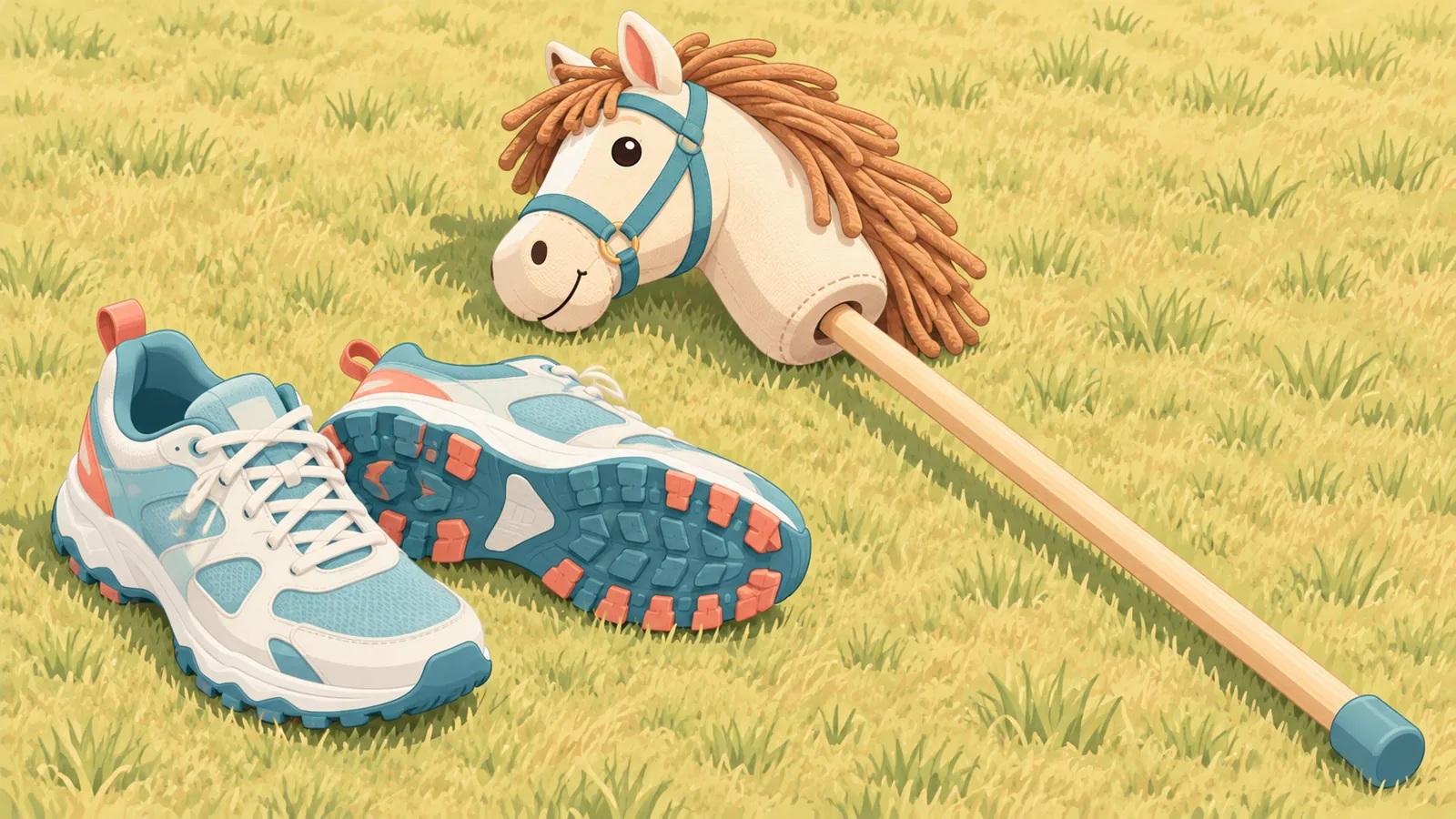 Sucha trawa i antypoślizgowe buty do ćwiczeń z hobby horse