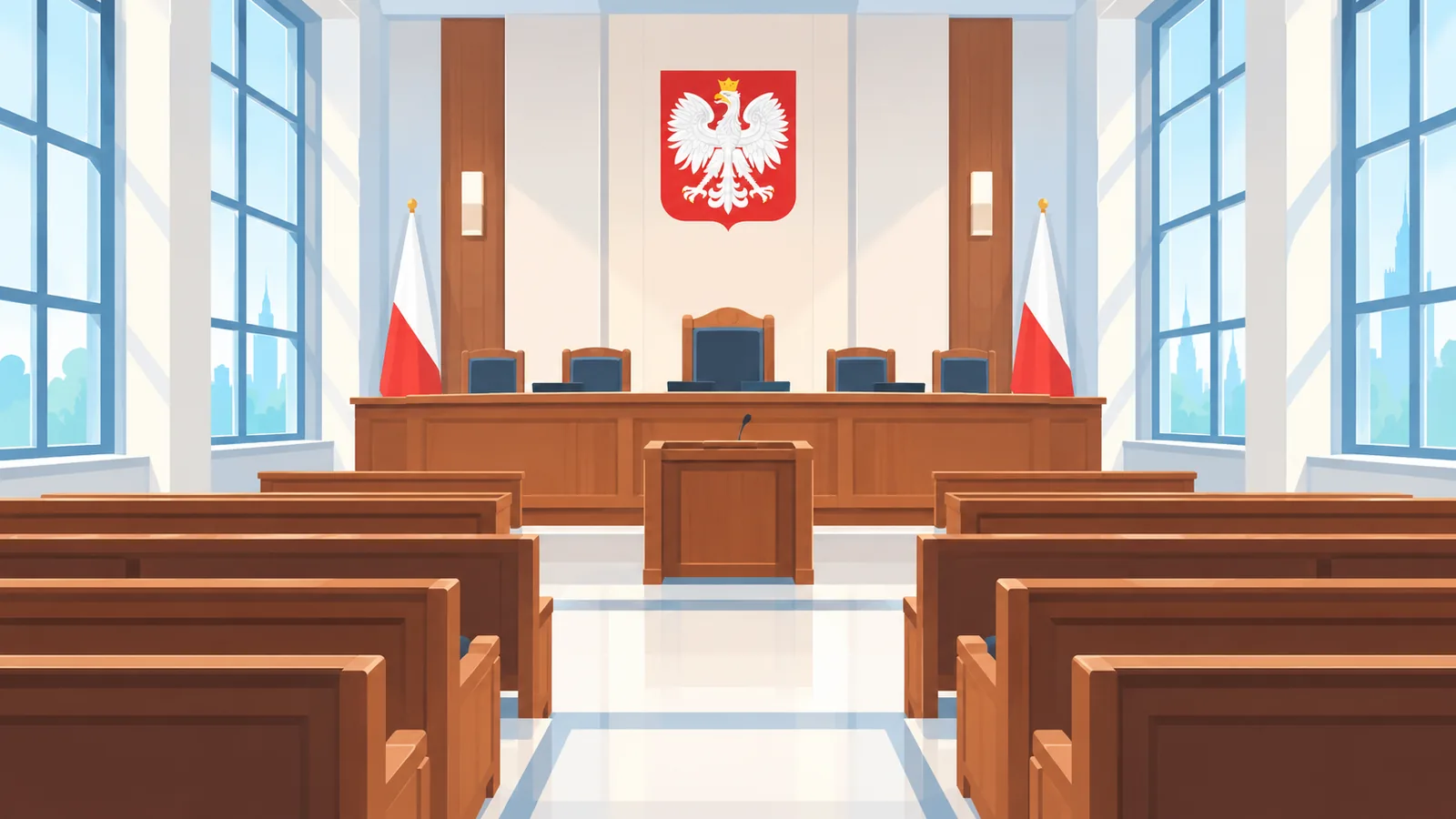 Pusta sala rozpraw Sądu Najwyższego w świetle dziennym