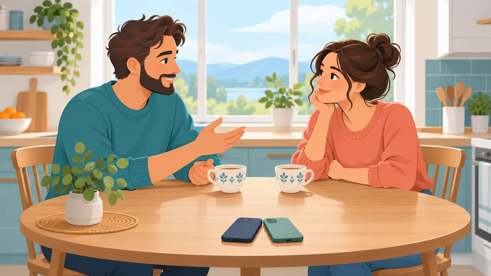 Para rozmawiająca przy kuchennym stole bez telefonów
