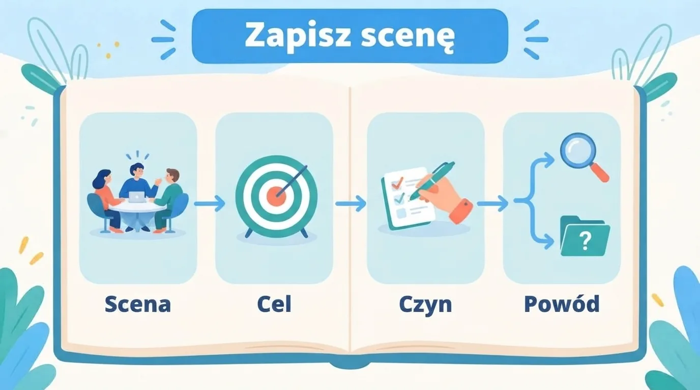 Cztery pola notatki pomagają oddzielić sytuację, to, co ważne, własne działanie i inne możliwe wyjaśnienia.