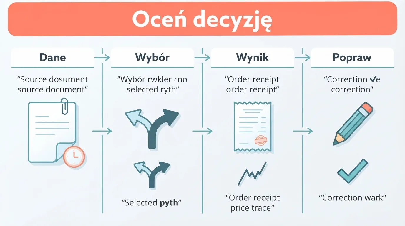 Dziennik oddziela dane dostępne przy publikacji, decyzję, wynik zlecenia i poprawki na przyszłość.