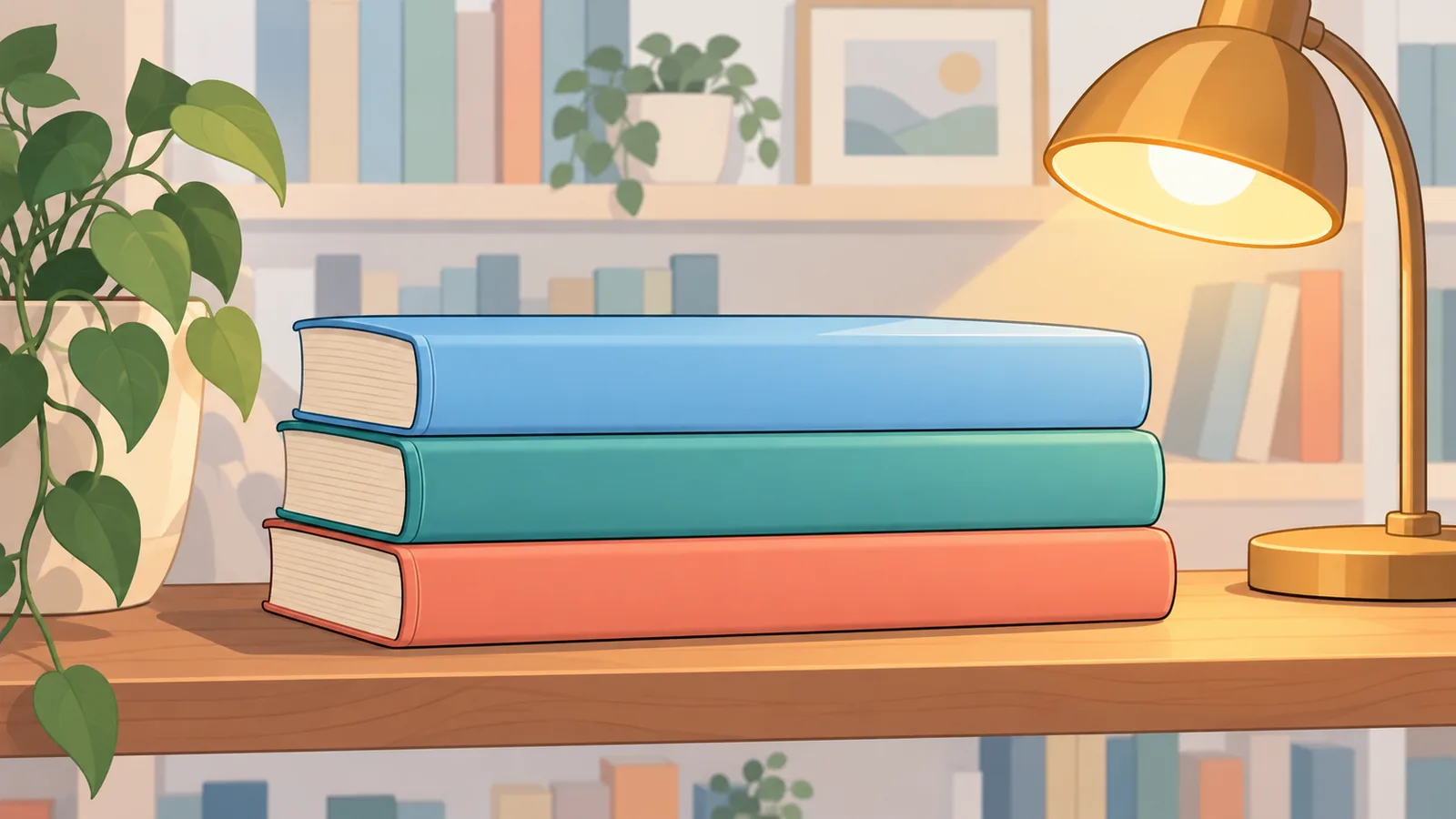 Stos tomów z opowiadaniami na półce w bibliotece