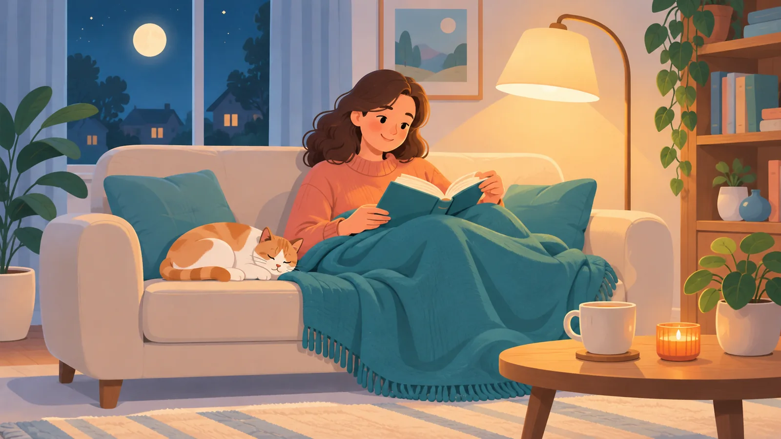 Wieczorna lektura opowiadania na sofie pod kocem