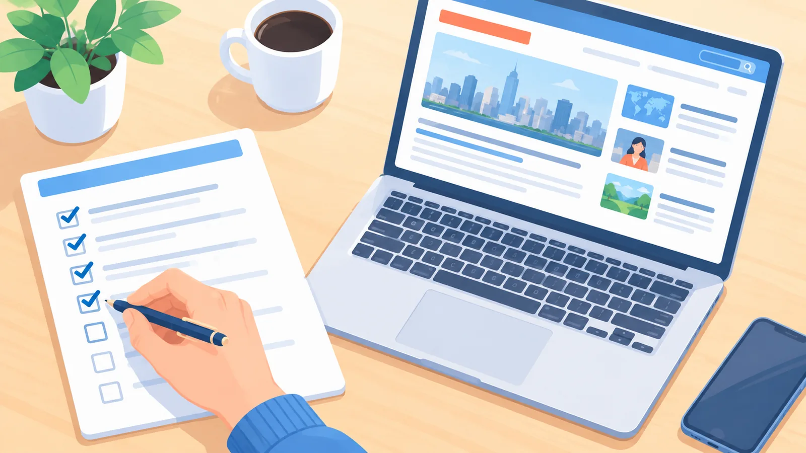 Lista kryteriów wyboru serwisu informacyjnego obok laptopa