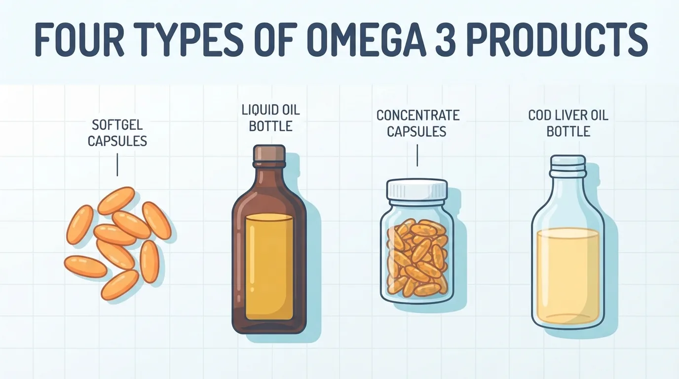 Cztery typy preparatów omega 3 obok siebie