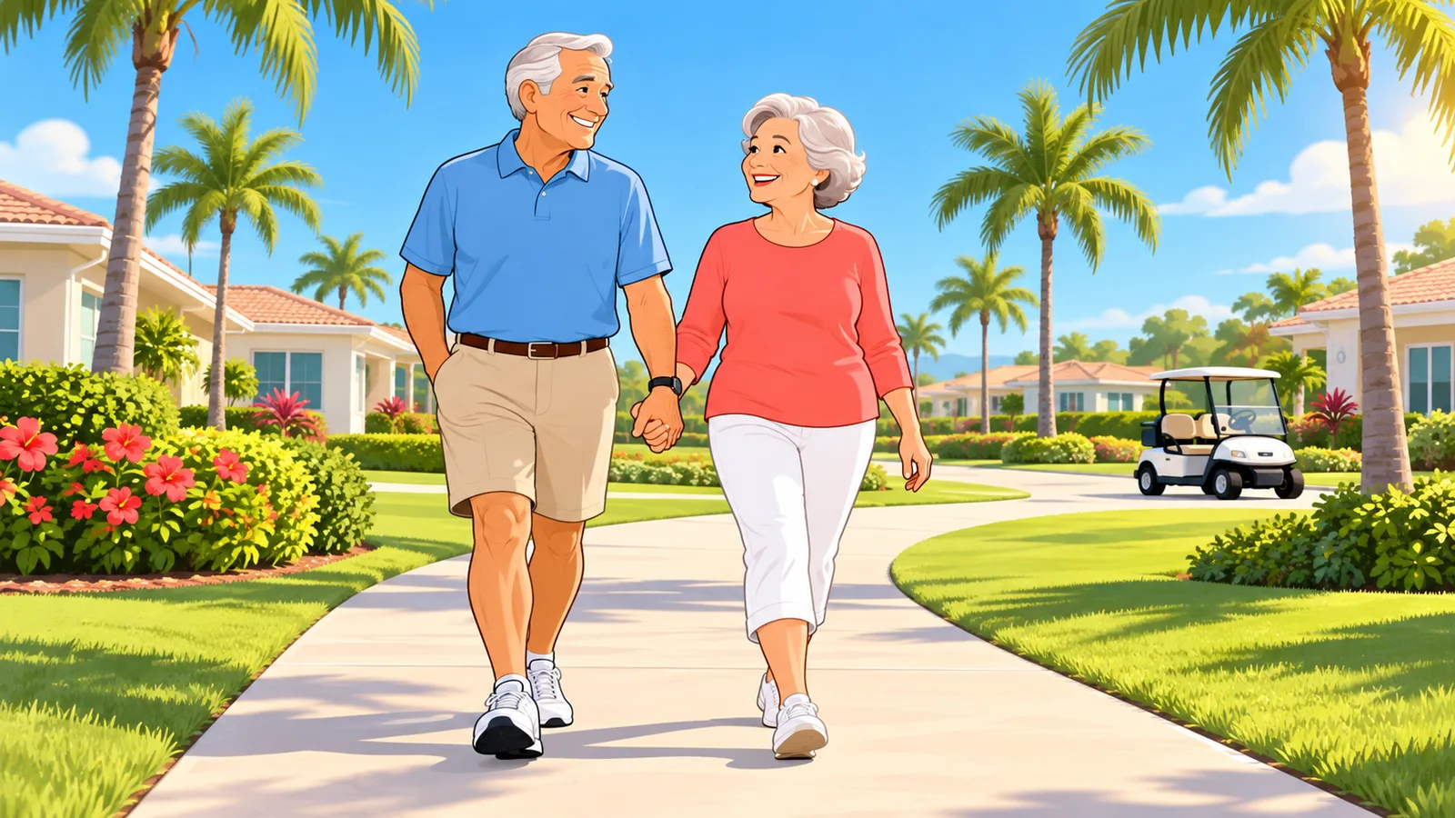 Pogodna para seniorów spacerująca alejką osiedla emerytalnego wśród palm
